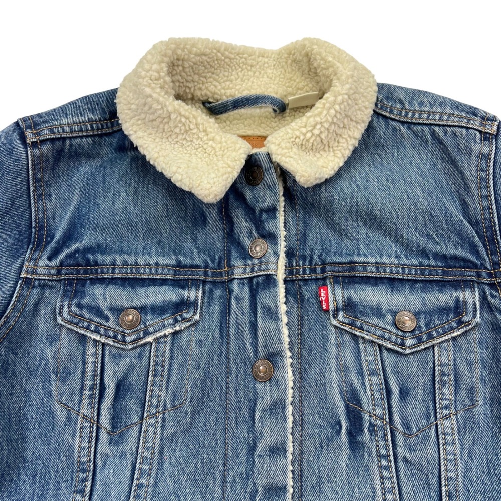 Levi's Original 90s‎ Sherpa Trucker Jacket Womens Medium Cotton Whiskering Sn ps